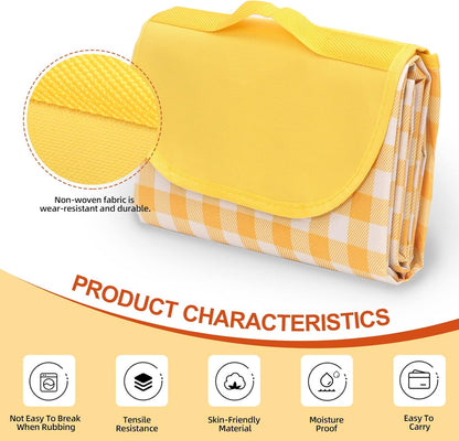 Tanstic Outdoor Picnic Blanket, 79" x 79" Extra Large Waterproof Foldable Beach Mat With Carry Strap for Camping Park (Yellow & White Lattice)