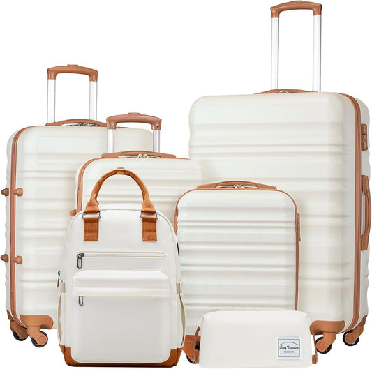 LONG VACATION Luggage Set 4 Piece Luggage ABS Hardshell TSA Lock Spinner Wheels Carry on Suitcase(White-Brown, 6 Piece Set（BP）)