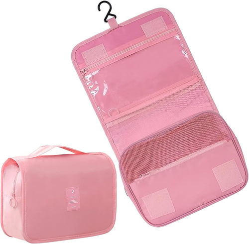 JCZD Hanging Toiletry Bag, Travel Wash Bag for Women Portable Folding Cosmetic Organizer Large Capacity Girls Makeup Bag Waterproof Shower Bag with Separate Compartment (Pink)