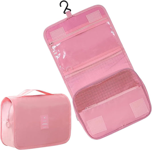 JCZD Hanging Toiletry Bag, Travel Wash Bag for Women Portable Folding Cosmetic Organizer Large Capacity Girls Makeup Bag Waterproof Shower Bag with Separate Compartment (Pink)