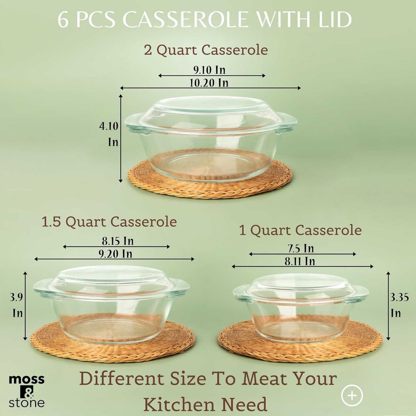 Moss & Stone Basics 3-Piece Glass Casserole With Covered, Borosilicate Glass Durable Bakeware Set, Glass Bowls Bakeware Dish Oven Safe & Microwave Safe, Clear Glass Baking Dish, 3 Round Casserole Dish With Lid