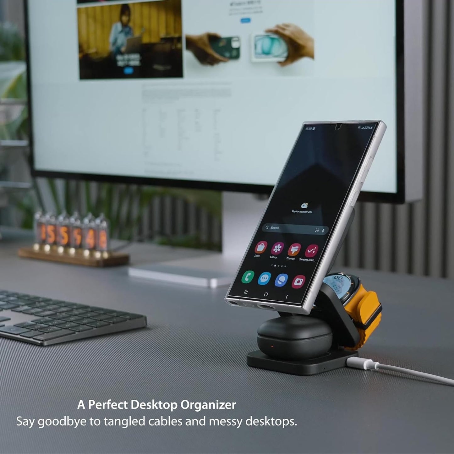 KU XIU X55 Ultra 3-in-1 Foldable Magnetic Wireless Charger for Samsung Galaxy S24 S23 S22 Note 20 Z Fold Flip 6 5, Galaxy Watch Ultra 7 6 5, Galaxy Buds - Black