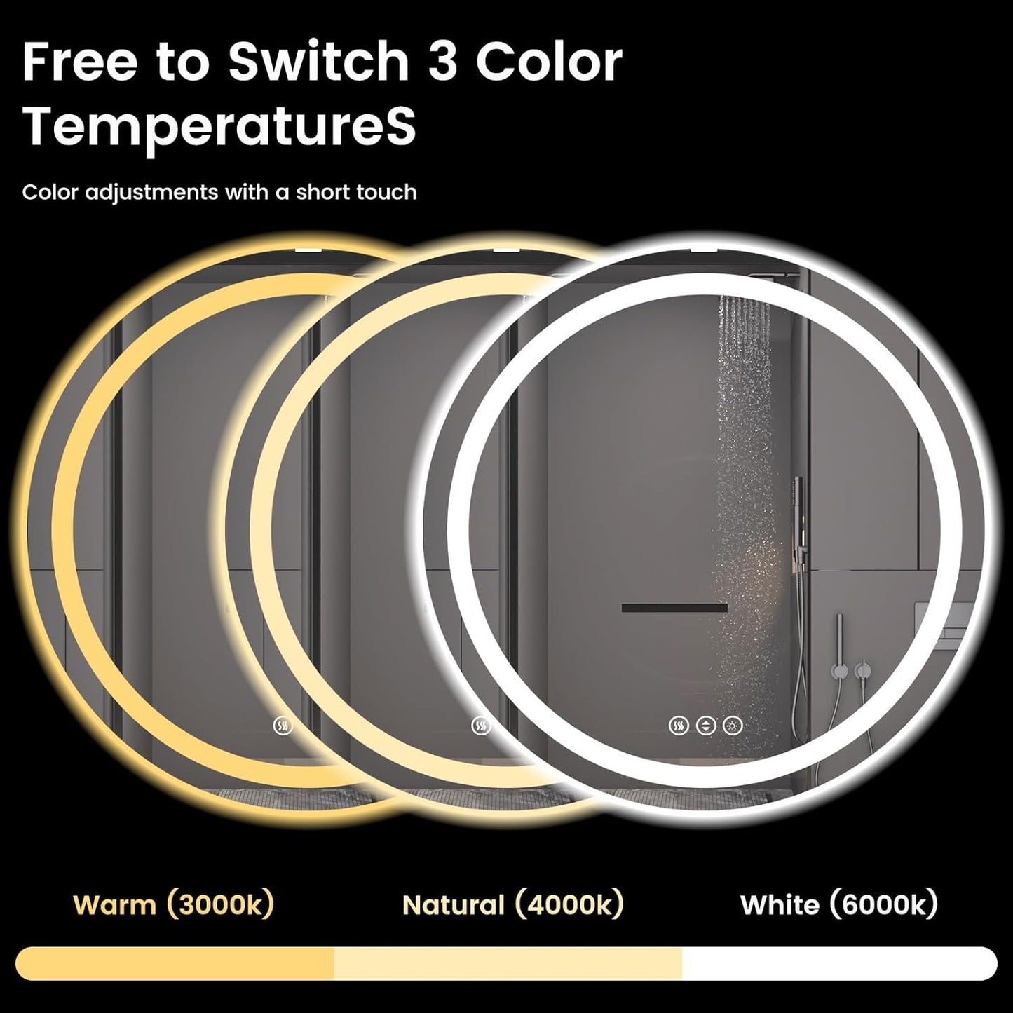 Round LED Bathroom Mirror with Lights, Backlit & Front Lighted, Wall-Mounted Vanity Mirror 3000K/4000K/6000K, Memory Functions, Anti-Fog, Dimmable Smart Mirror (Round 24" x 24")
