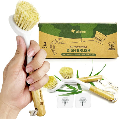 AIRNEX Bamboo Dish Brush with Handle Pack of 2 - Natural Dish Scrub Brush Brosse Vaisselle - Plastic-Free Sisal Bristles Kitchen Dish Scrubber - Odour Free Wooden Dish Brush for Pots, Pans and Sink