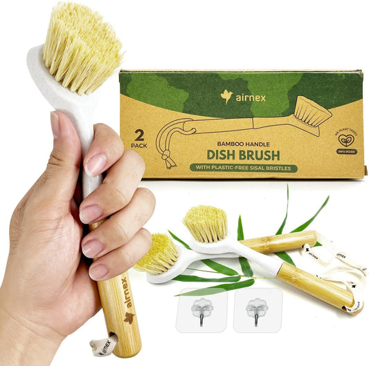 AIRNEX Bamboo Dish Brush with Handle Pack of 2 - Natural Dish Scrub Brush Brosse Vaisselle - Plastic-Free Sisal Bristles Kitchen Dish Scrubber - Odour Free Wooden Dish Brush for Pots, Pans and Sink