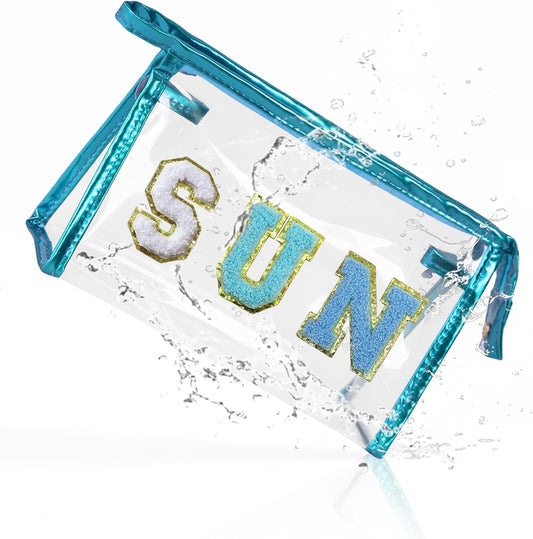 COSHAYSOO Clear Makeup Bag Sunscreen Pouch with Letter Patches Summer Beach Essential Stuff Accessories Birthday Christmas Gifts for Women Mom Teacher Nurse, Blue-SUN, Preppy