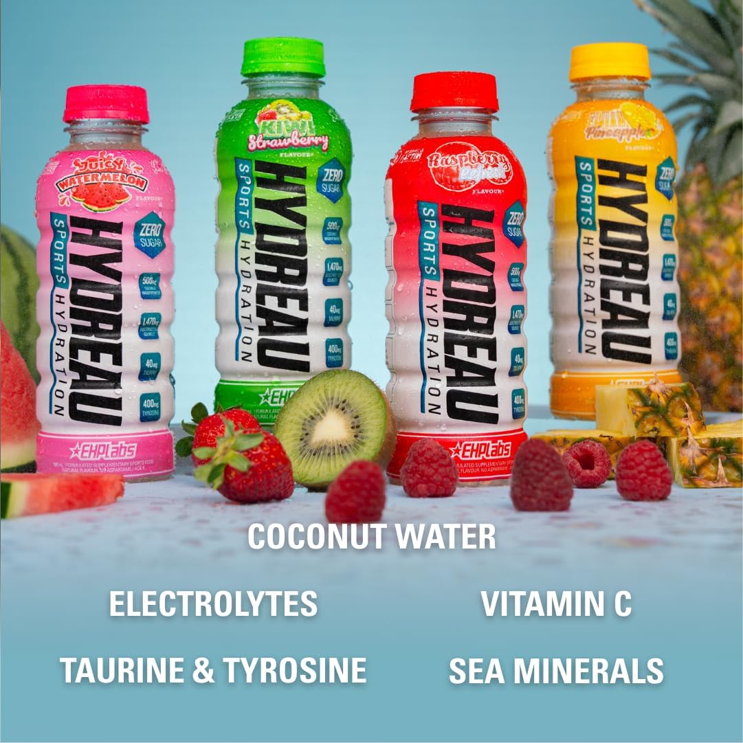 EHP Labs Hydreau Sports Electrolyte Hydration Drink - Sugar Free Electrolytes with Coconut Water Powder, Taurine & Tyrosine - Essential Electrolytes for Energy, Focus, & Endurance. 12 Pack, Raspberry Refresh