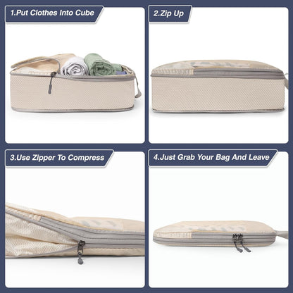 WUFANC 4 Pieces Space-Saving Suitcase Organizer, Packing Cubes Compression Waterproof and Easy to Store, Breathable with Durable Visible Mesh and Space-Saving Travel Organizer (Beige)