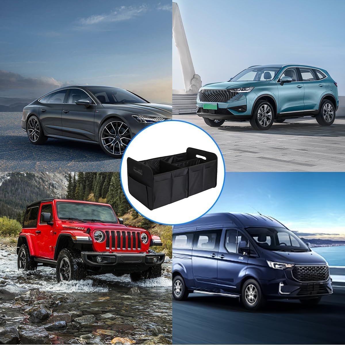 Car Trunk Organizer, Collapsible Two Compartment Car Organizer, Foldable SUV & Truck Storage for Car Accessories for Women Men, Non Slip Bottom, Sturdy Side Walls