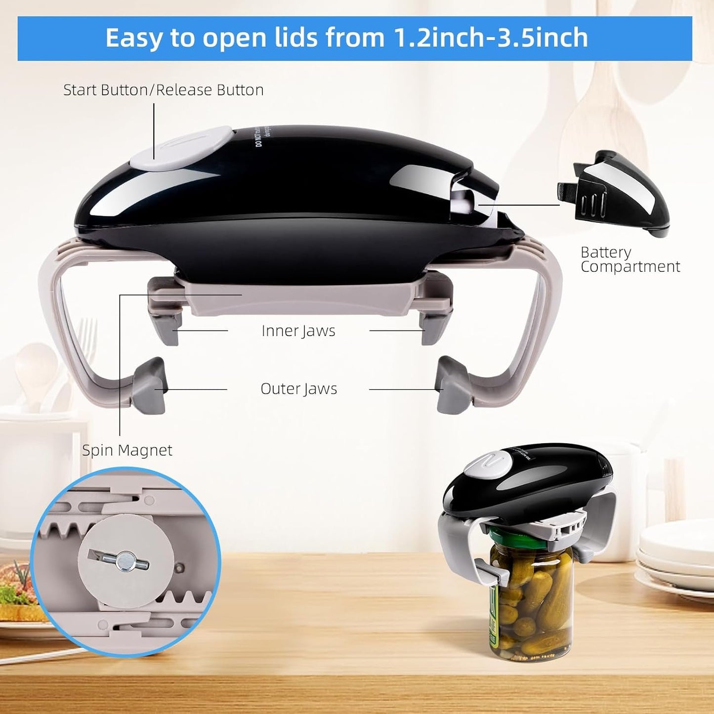YUET Electric Jar Opener - Portable, Strong, and Hands-Free Automatic Opener for New Sealed Jars - Kitchen Gadget Tool with Large Push Button and Sharp Edge-Free Design (Black)