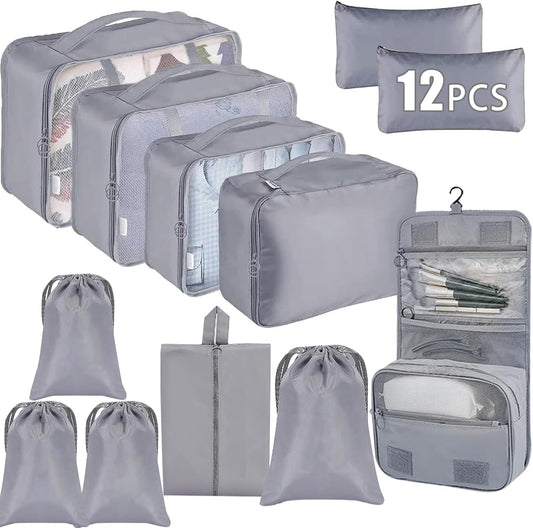Dazhtu 12 Pieces Suitcase Organizer, Packing Cubes, Suitcase Organizer for Holiday and Travel, Grey