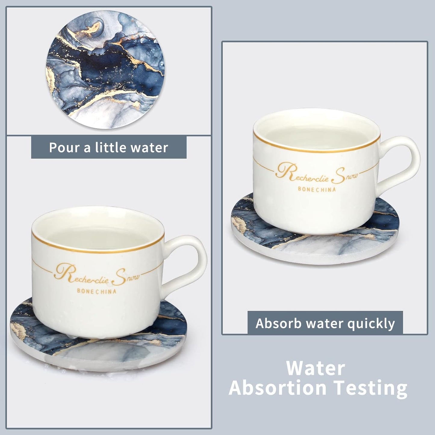 6 Pcs Navy Blue Marble Abstract Ceramic Coasters with Holder Best Absorbent Drink Coasters Round Ceramic Table Coasters Set Decorative Coffee Cup Beverage Coasters Wine Beer Bar Coasters
