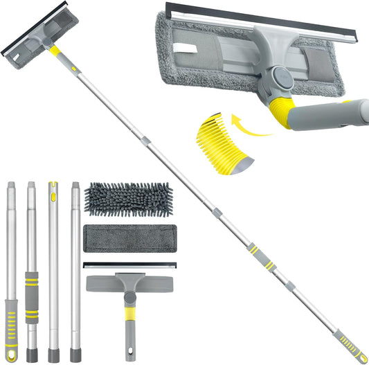JEHONN Window Cleaning Equipment, 163 cm Long Handle Professional Shower Glass Washing Brush Extendable, 3 in 1 Wall Cleaner Duster for Home Indoor Outdoor Mirror Car Windshield