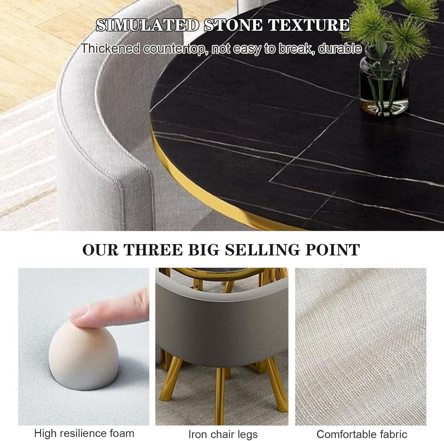 Dining Table and Chair Set,Round Kitchen Desk Set with Faux Marble Tabletop＆Upholstered Chairs, Modern Reception Conference Table&Chair Combination for Living Room Dining Room(80cm/31.5inch, C)