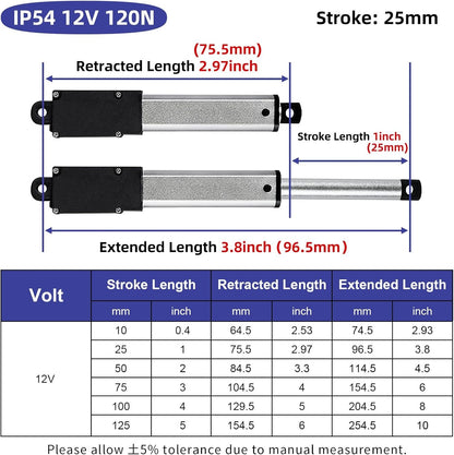 1 Inch 28lbs Mini Stroke 12V Electric Linear Actuator 4mm/sec Linear Motion Actuator with Brackets for Cabinets, Robotics, Home Automation, Window Opener(120N, 25mm)