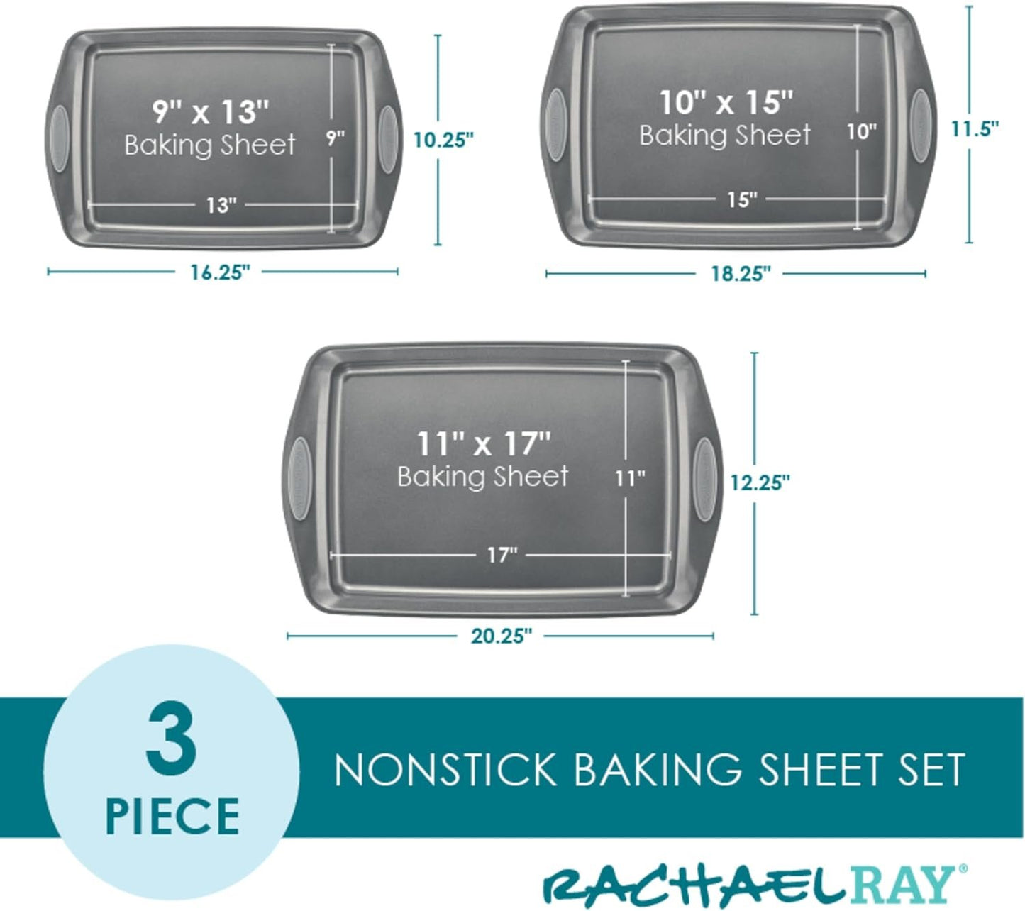 Rachael Ray 47577 3-Piece Cookie Pan Steel Baking Sheet Set, Sea Salt Gray Grips