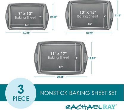 Rachael Ray 47577 3-Piece Cookie Pan Steel Baking Sheet Set, Sea Salt Gray Grips