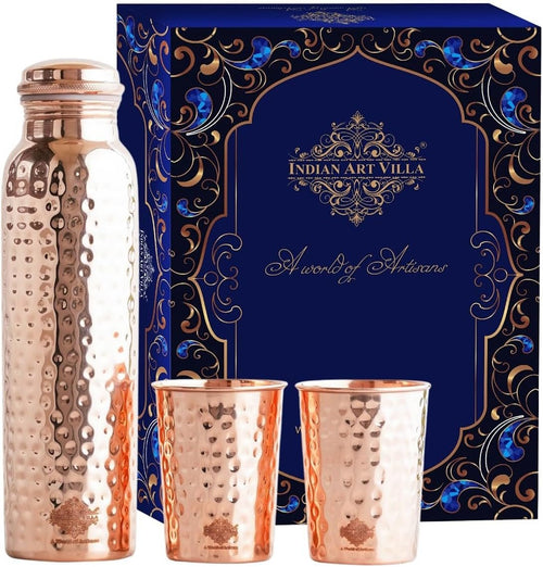 Indian Art Villa Pure Copper Drinkware Gift Set of Hammered Design 1 Bottle & 2 Glass With Gift Box, Gift item for Diwali, Birthdays & Parties, Bottle-34 Oz & Glass-10 Oz