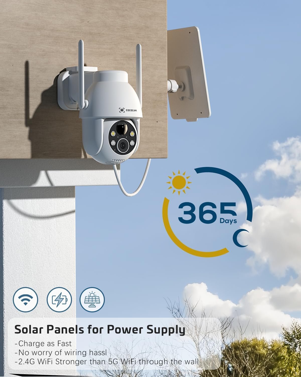 COCOCAM 2PCS Solar Camera Outdoor Wireless, 2K PTZ 2.4GHz Wi-Fi, Home Security, AI Motion Detection, Color Night Vision, 2-Way Audio, IP66, Cloud