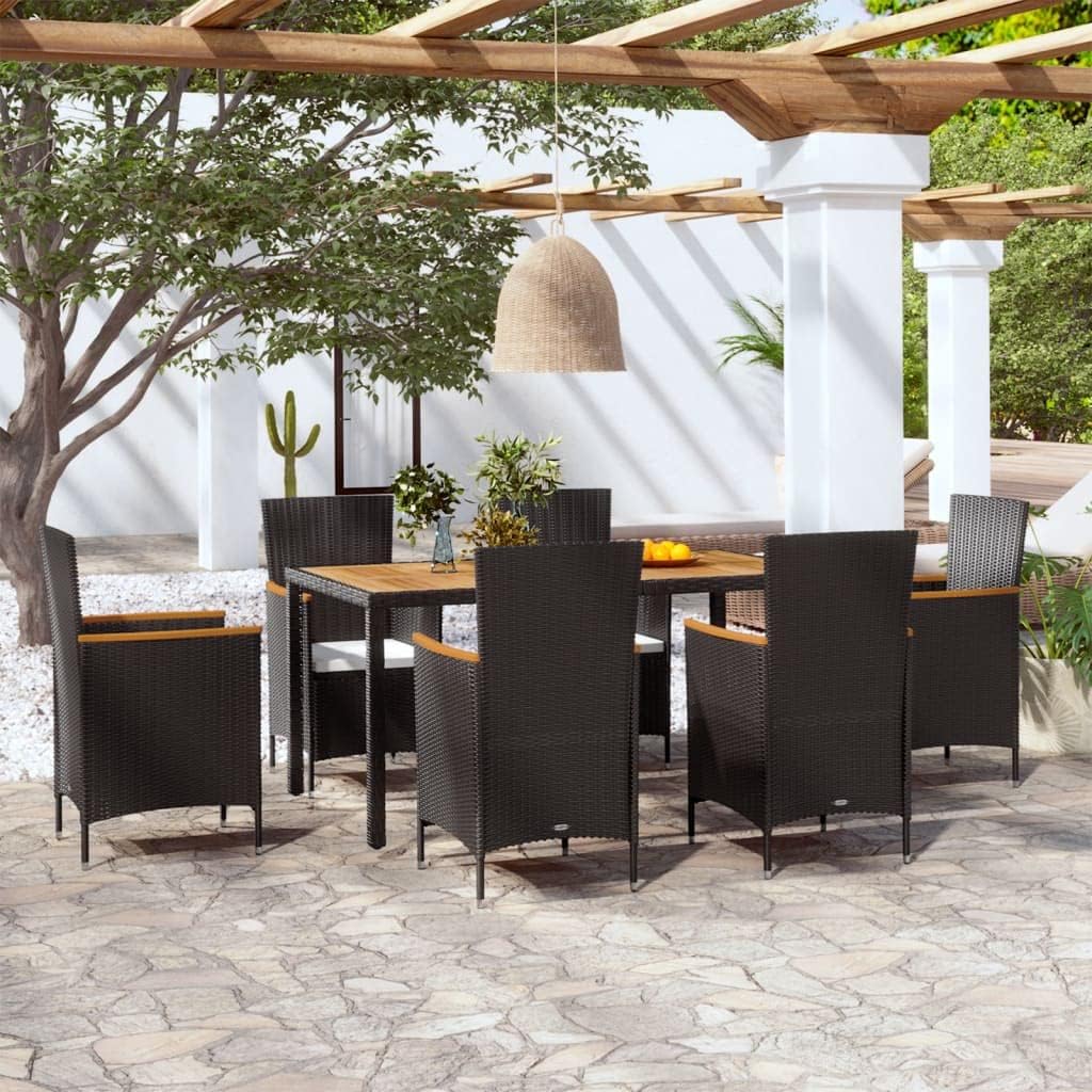 vidaXL 7-Piece Outdoor Dining Set - Sturdy Steel and Aluminum Frame with Acacia Wood Armrests and Table Top, Waterproof PE Rattan, Includes Black Chairs and Cream White Cushions