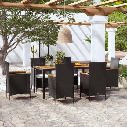 vidaXL 7-Piece Outdoor Dining Set - Sturdy Steel and Aluminum Frame with Acacia Wood Armrests and Table Top, Waterproof PE Rattan, Includes Black Chairs and Cream White Cushions