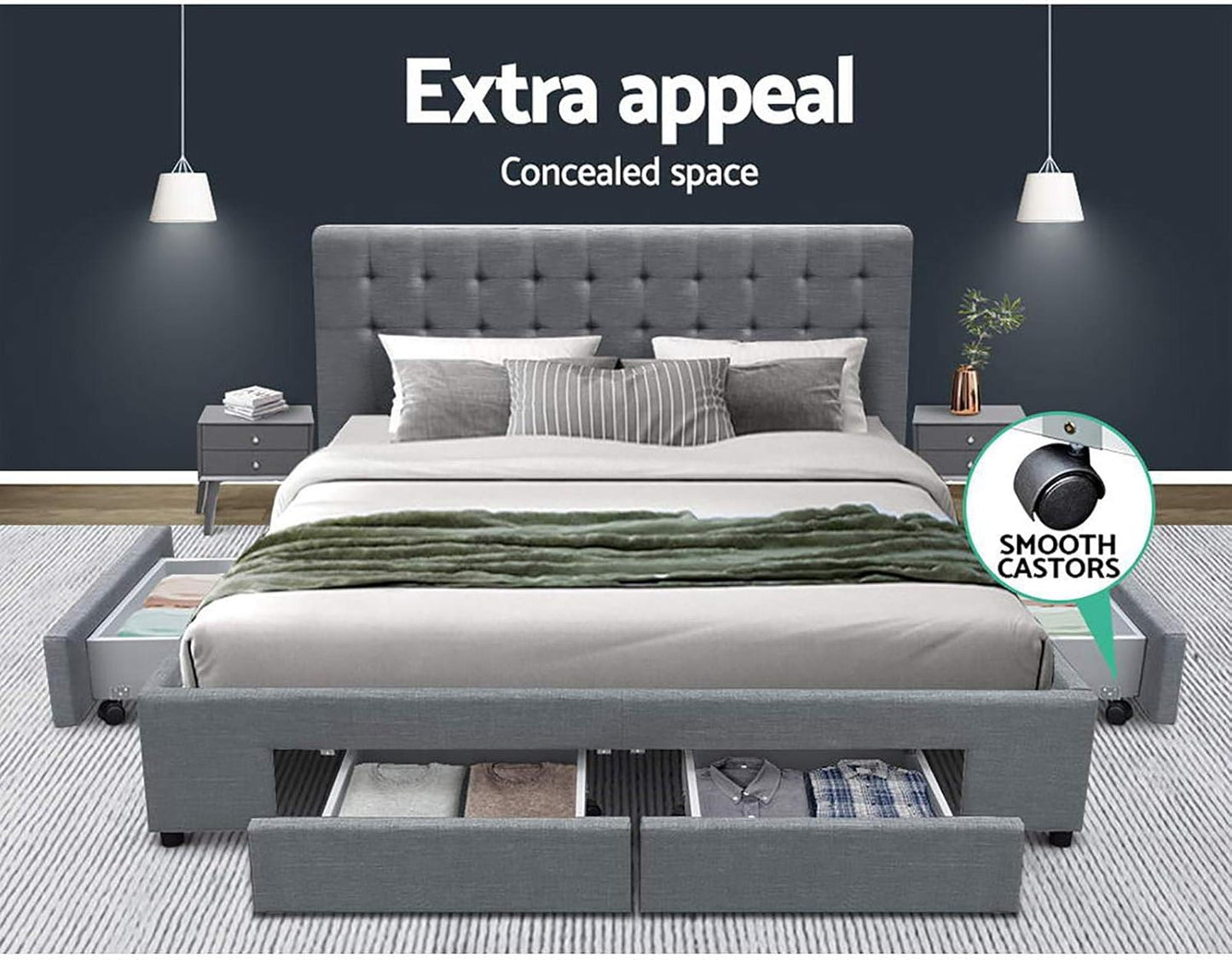Artiss Queen Bed Frame Platform Tufted Headboard Frames Beds Base with 4 Storage Drawers Bedroom Room Decor Home Furniture, Upholstered with Grey Faux Linen Fabric + Foam + Wood