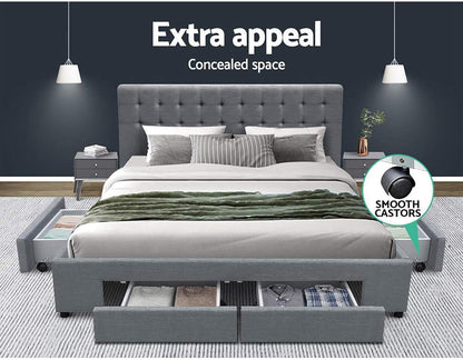 Artiss Queen Bed Frame Platform Tufted Headboard Frames Beds Base with 4 Storage Drawers Bedroom Room Decor Home Furniture, Upholstered with Grey Faux Linen Fabric + Foam + Wood