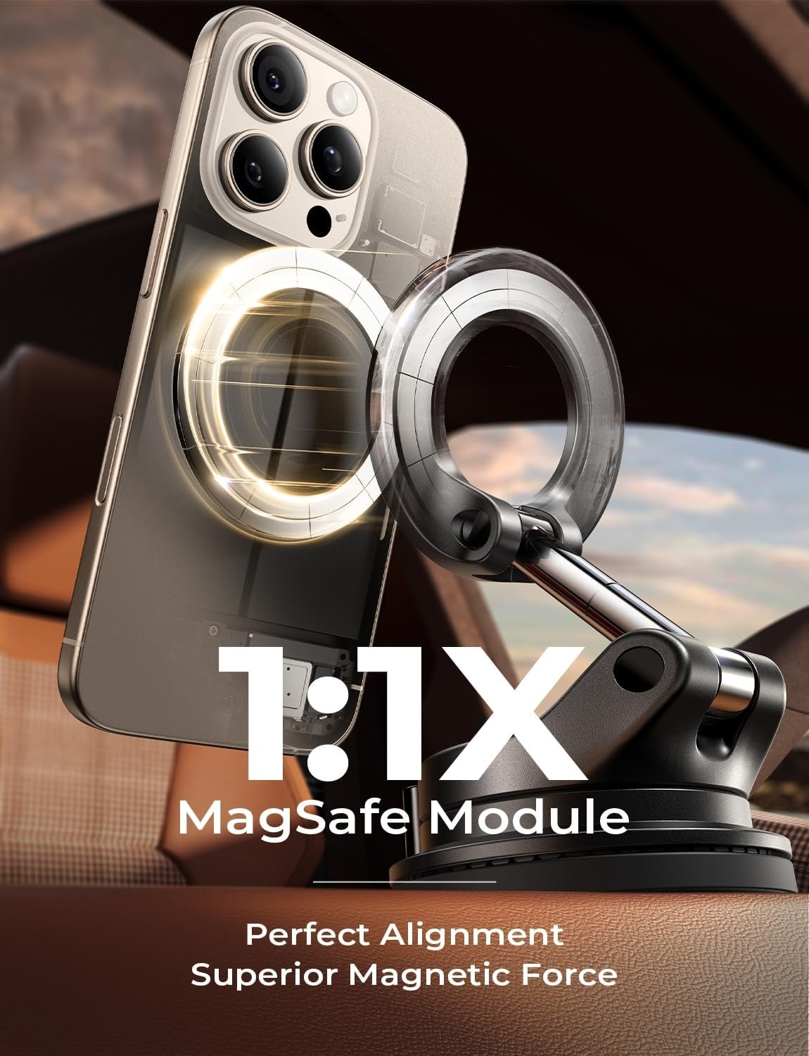LISEN Retractable Car Phone Mount, 360 Adjustable for MagSafe Car Mount Magnetic Phone Holder, Vacuum Magnetic Phone Holder Suction Cup Phone Mount for iPhone 16 Pro Max 15 14 13 12 Plus Mini