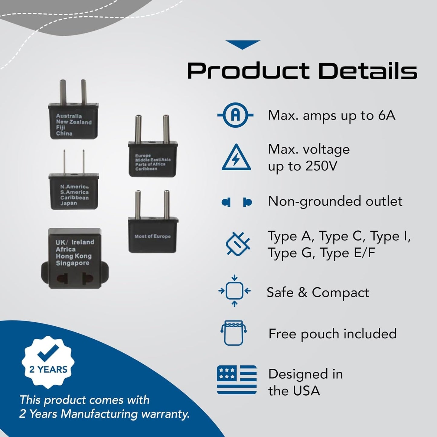 Ceptics International Travel Adapter Plug (Compact) - 5 pcs Set with Pouch (UP-5KP)