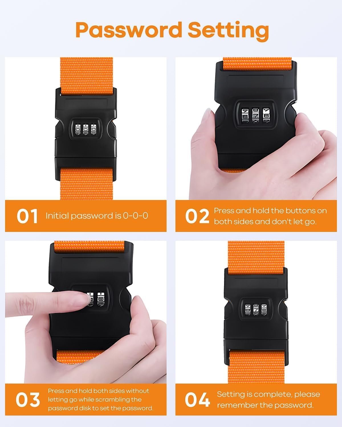 4 Pack Luggage Straps with Combination Lock and Name ID Card, 2M Adjustable Belts Keep Suitcase Secure While Traveling, Luggage Accessories to Secure Bag Cargo Safe Quick-Release (Orange)