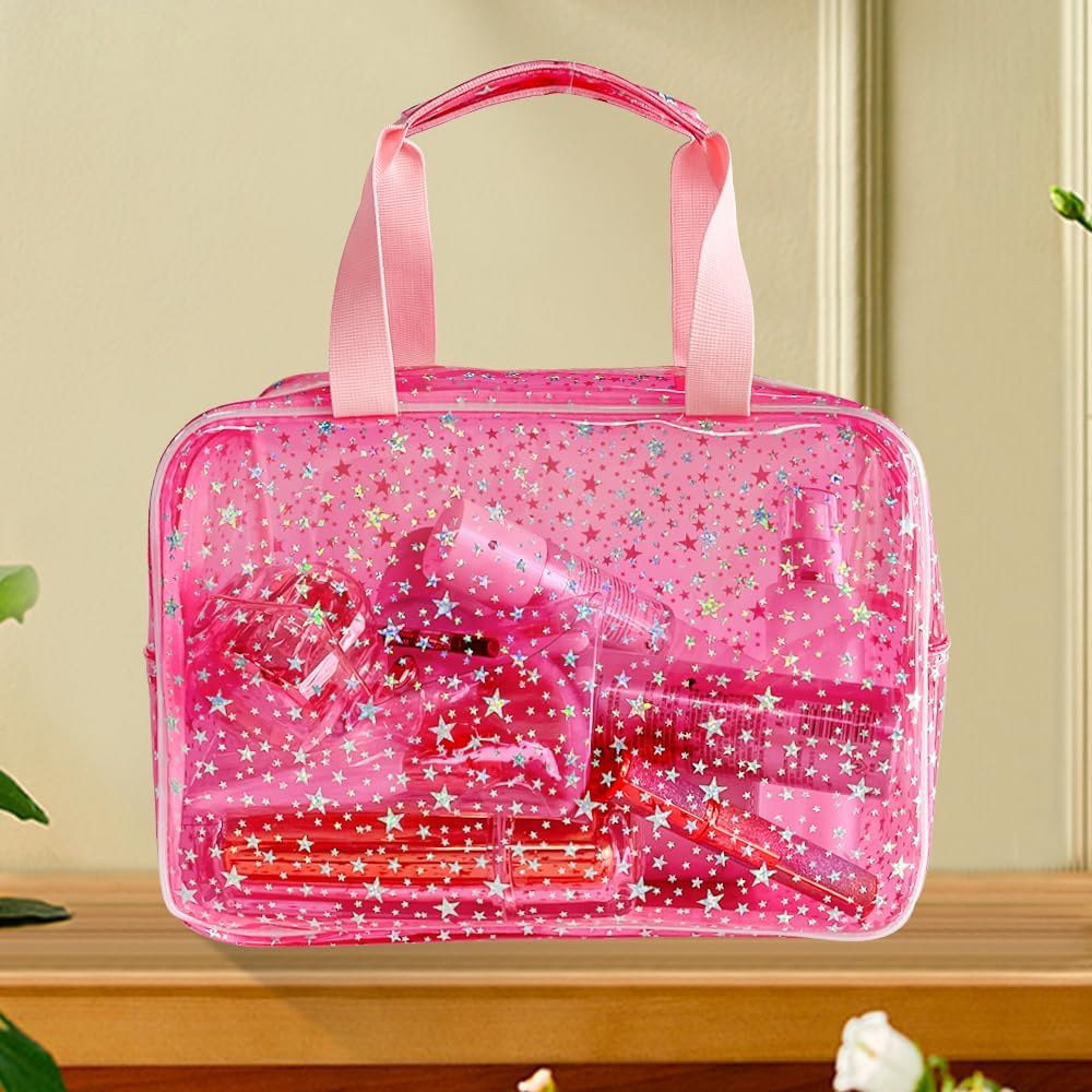 TotePrint Clear Star Large Toiletry Bag and Travel Case with Handle Durable Material Zipper Design Ideal for Makeup Travel Essentials, pink, Bag with printed star handle