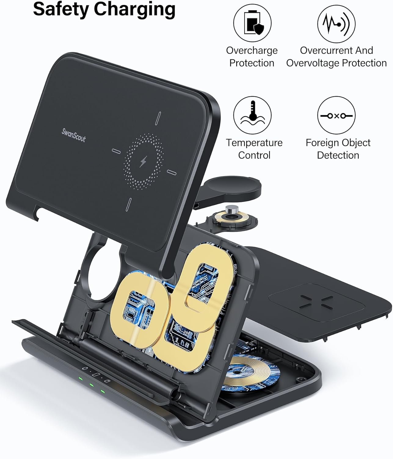 SwanScout Wireless Charger for Samsung Z Fold 6/5/Pixel 9 Pro Fold, SwanScout 705S, 3 in 1 Foldable Wireless Charging Station for Samsung Z Fold, Galaxy Watch 7/Ultra/6/5, Galaxy Buds 3 (No Adapter)