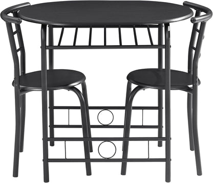 VECELO 3-Piece Dining Table Set for Kitchen Breakfast Nook, Wood Grain Oval Tabletop and Metal Frame with Built-in Wine Rack, for Small Spaces, Black