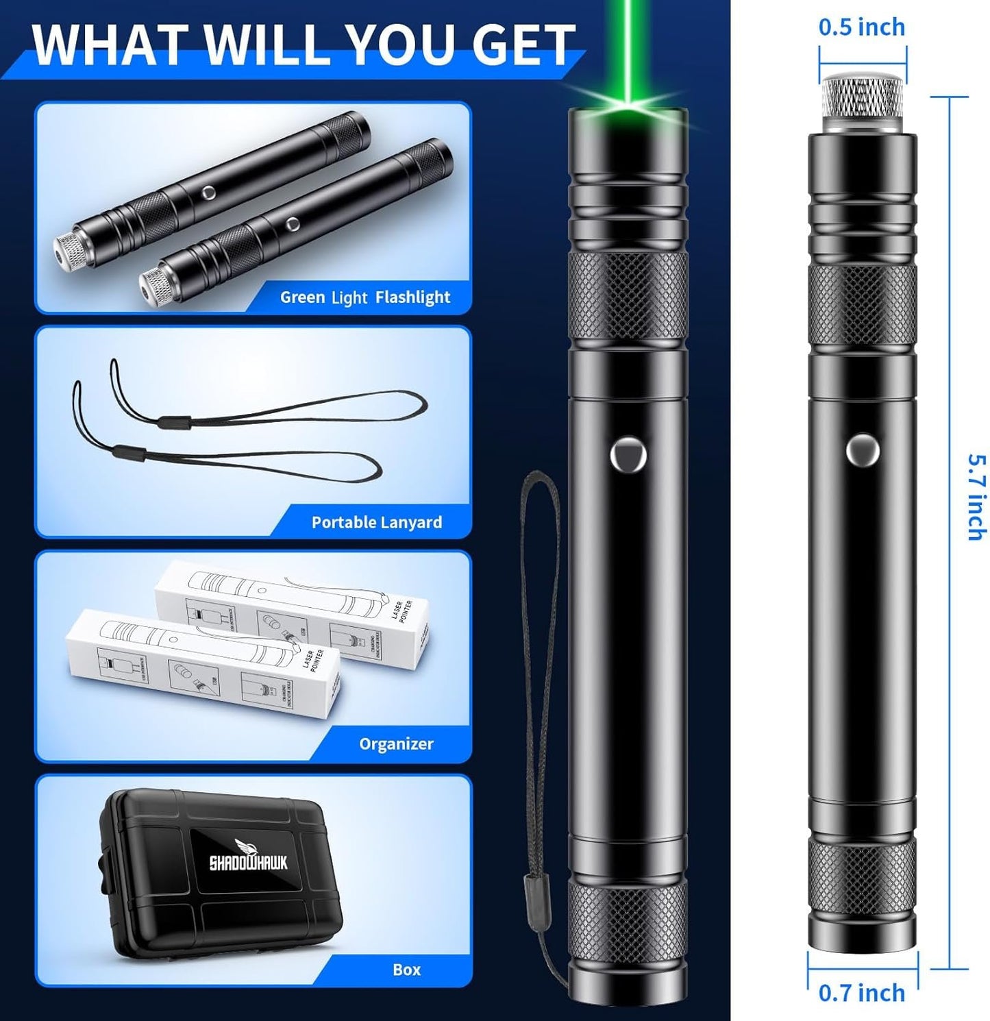 Powerful Green Rechargeable Flashlight, 2* Pack High Power Tactical Flashlight with Adjustable Focus, Long Distance Range Led Flashlight for Night Astronomy Outdoor Camping, Ideal Box for Man Boy