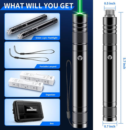 Powerful Green Rechargeable Flashlight, 2* Pack High Power Tactical Flashlight with Adjustable Focus, Long Distance Range Led Flashlight for Night Astronomy Outdoor Camping, Ideal Box for Man Boy
