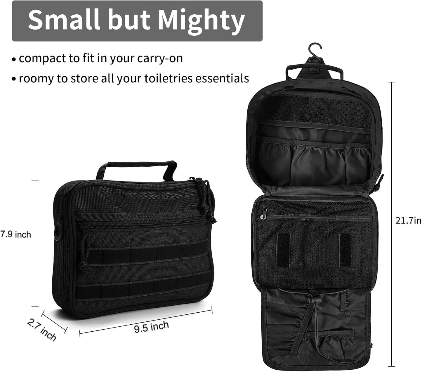 SMONT Mens Toiletry Travel Bag With Double Side full Open Design Travel Toiletry Organizer Dopp Kit Shaving Hygiene Bag Bathroom Hanging Toiletry Bag for Short Trips Tactical Toiletry Bag, Black