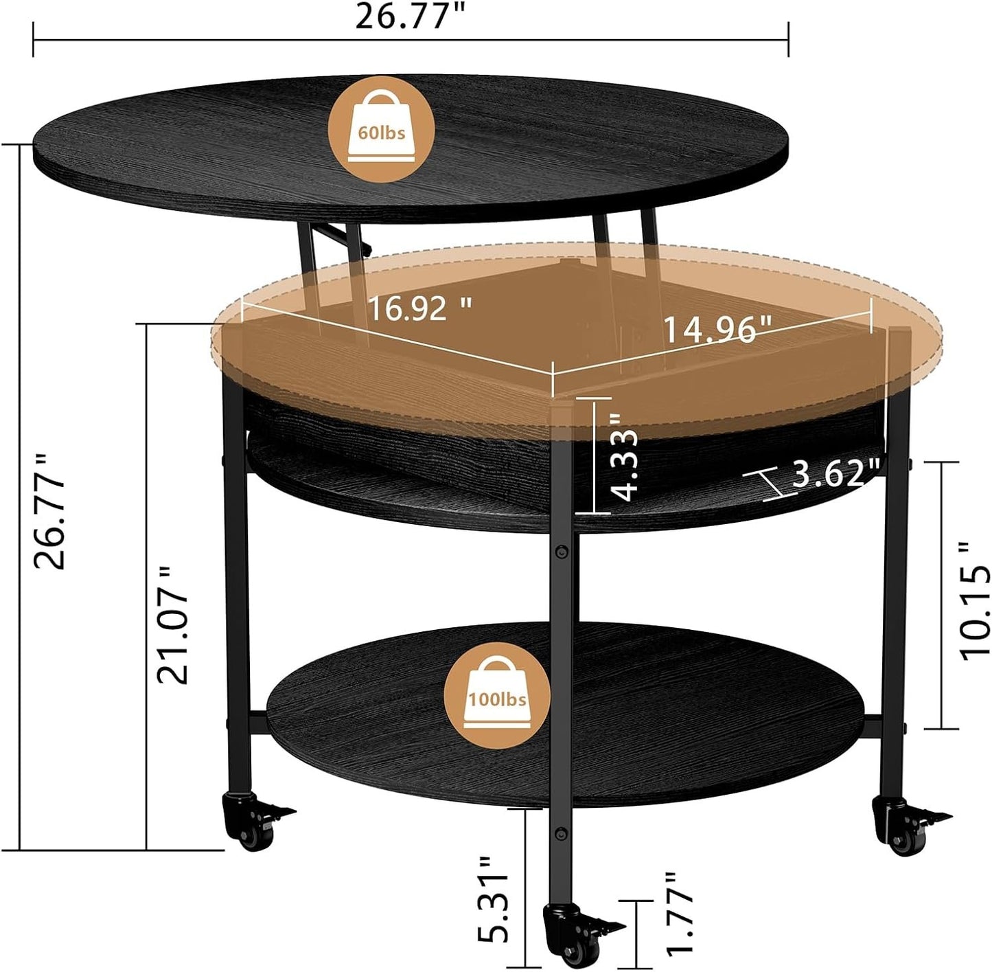 Ablefurn Mid Century Black Coffee Table, 26.77” Lift Top Coffee Table with Removeable Wheels, Hidden Compartment and Open Shelf, Wood Lift Tabletop Central Dining Table for Living Room, Home Office