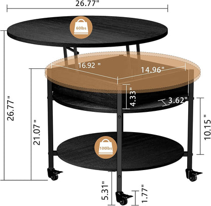 Ablefurn Mid Century Black Coffee Table, 26.77” Lift Top Coffee Table with Removeable Wheels, Hidden Compartment and Open Shelf, Wood Lift Tabletop Central Dining Table for Living Room, Home Office