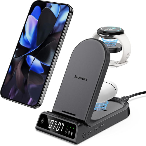 Charging Station for Google Pixel Watch 1 (Not for Pixel Watch 3/2) and Galaxy Watch Ultra/7/6 Classic/6/5 Pro/4, SwanScout 702G, Wireless Charger for Google Pixel 9 Pro/9 Pro XL/9/8, Pixel Buds Pro 2