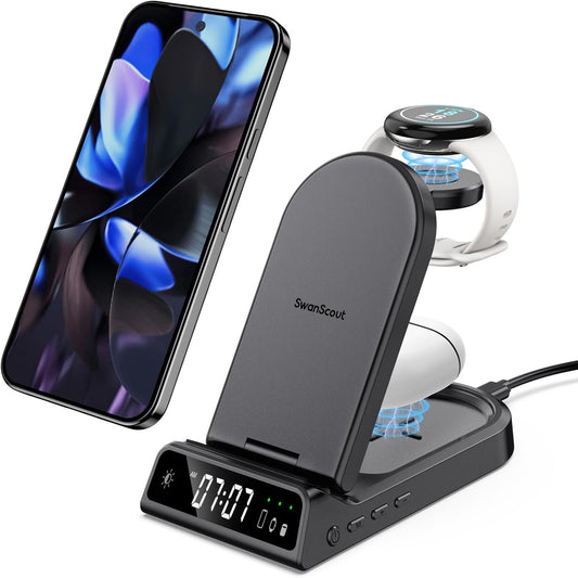 Charging Station for Google Pixel Watch 1 (Not for Pixel Watch 3/2) and Galaxy Watch Ultra/7/6 Classic/6/5 Pro/4, SwanScout 702G, Wireless Charger for Google Pixel 9 Pro/9 Pro XL/9/8, Pixel Buds Pro 2