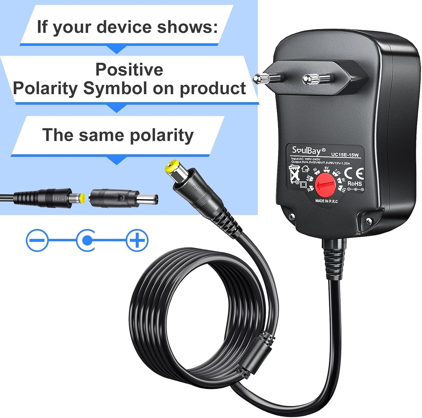 SoulBay 3V 4.5V 5V 6V 7.5V 9V 12V 1000mA Universal AC/DC Adapter with 8 Selectable Adapters for Home Electronics 3-12V - 150cm Charging Cable