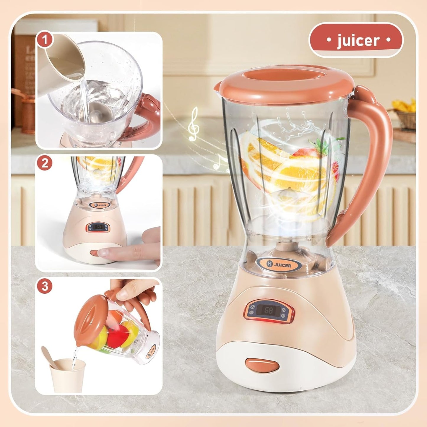 Kids Assorted Kitchen Appliance Play Toys Includes Coffee Maker ,Blender,Fruit Machine and Toaster ,Apron and Cups,with Realistic Lights& Sounds,Learning Gift for Toddlers Baby Girls Boys