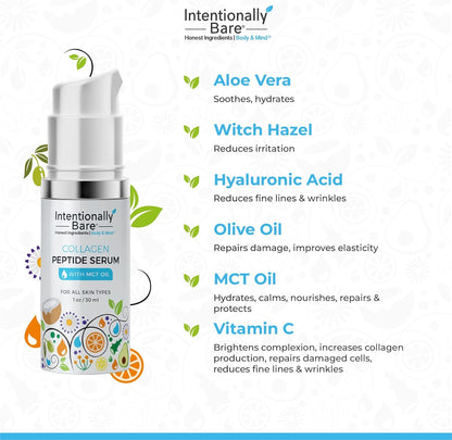 Intentionally Bare Collagen Peptide Serum with MCT Oil and Hyaluronic Acid - Keto for Your Face - Firming Brightening Anti Aging Facial Serum - Collagen Oil for Fine Lines - All Skin Types - 1oz