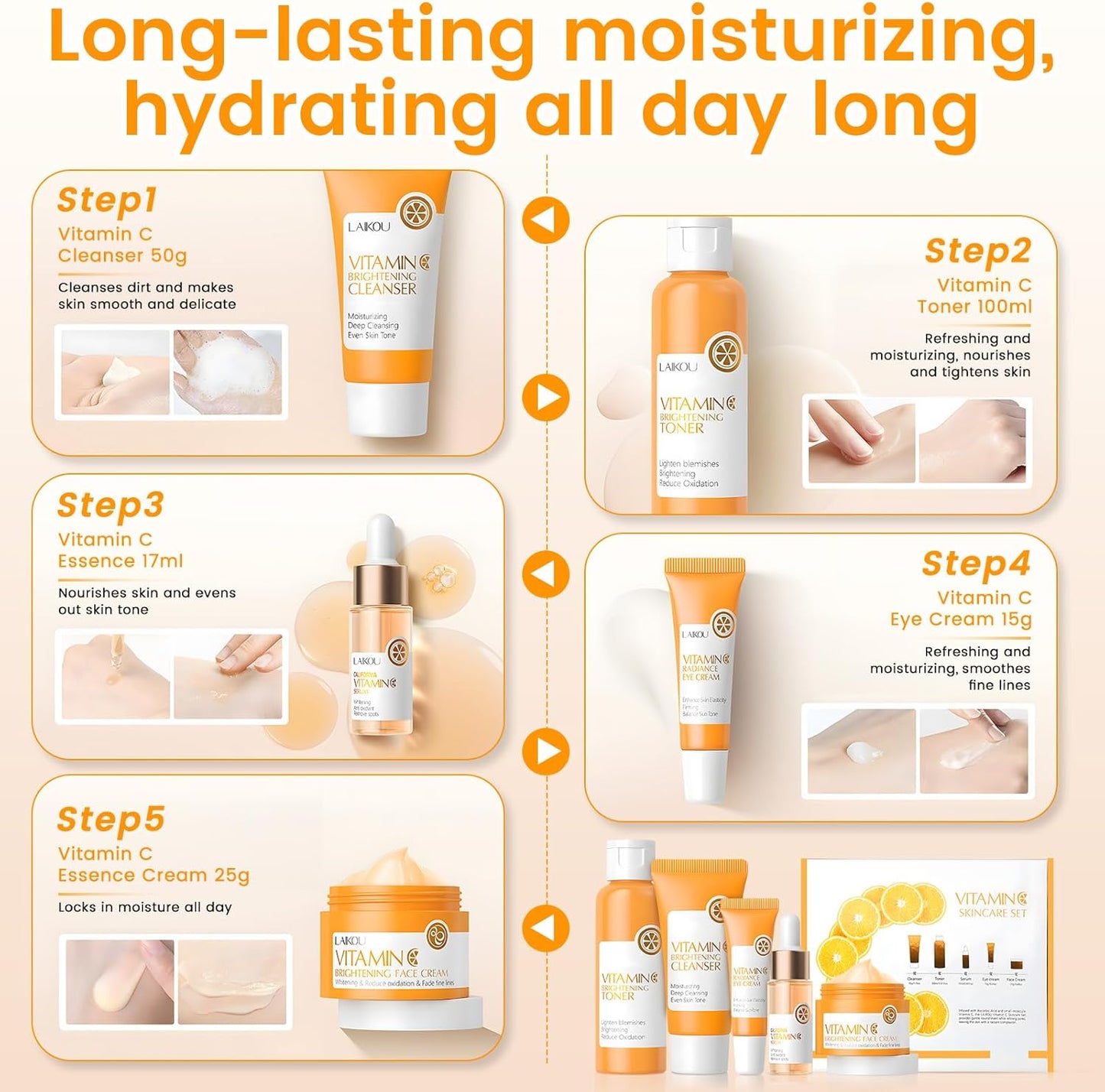 Vitamin C Skin Care Kit, 5 Piece Skincare Kit with Vitamin C Cream, Cleanser, Eye Cream, Serum, Tonic, Full Face Skincare Kit for Radiant Skin
