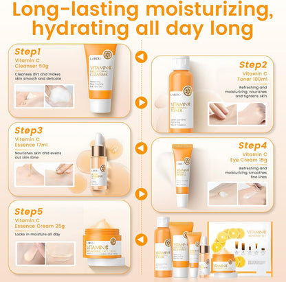 Vitamin C Skin Care Kit, 5 Piece Skincare Kit with Vitamin C Cream, Cleanser, Eye Cream, Serum, Tonic, Full Face Skincare Kit for Radiant Skin
