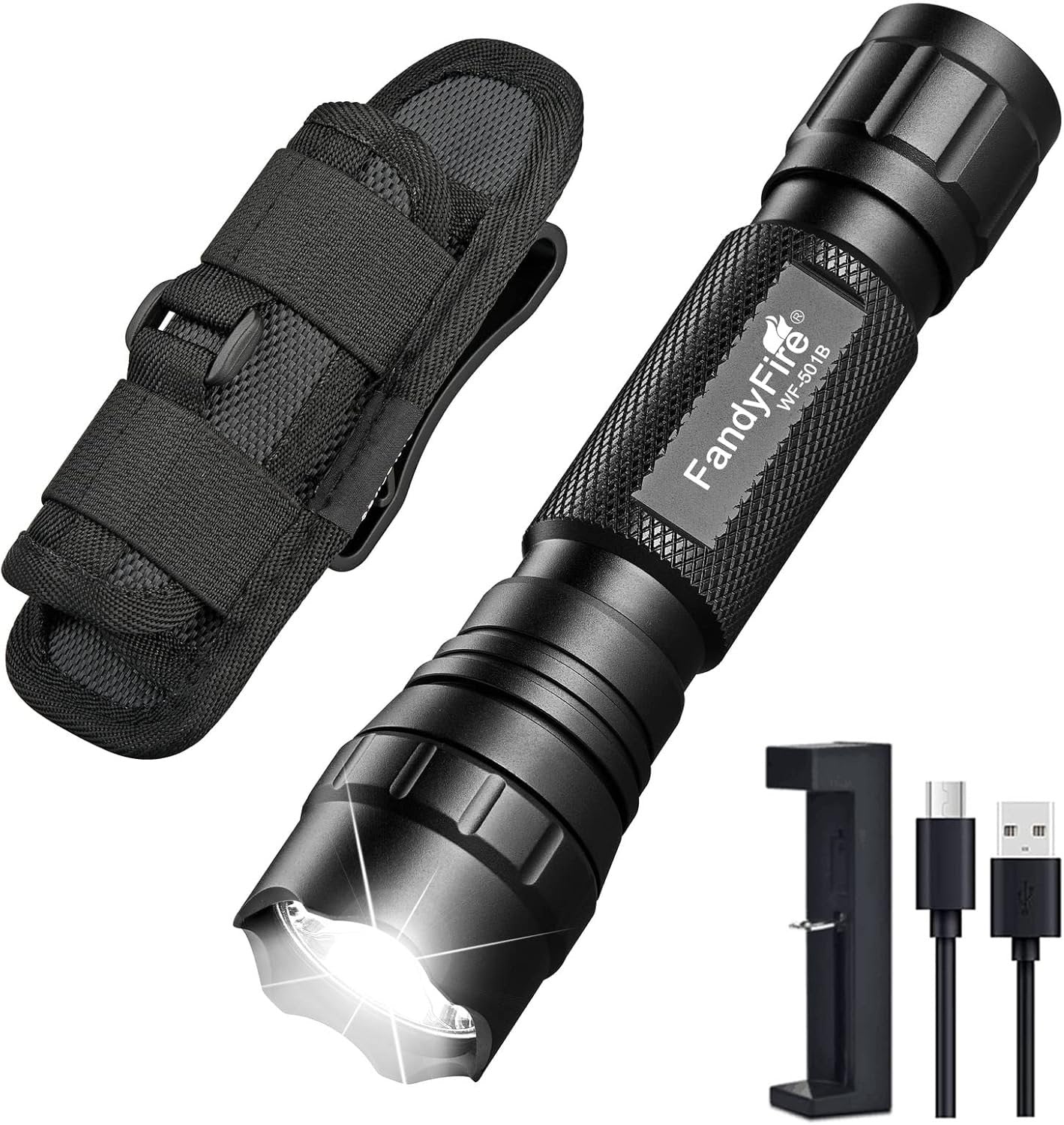 FandyFire Single Mode Flashlight with Holster, Tactical LED Flashlight 1000 High Lumen Duty Flashlights with Belt Holster and Charger, Bright Small Flash Light