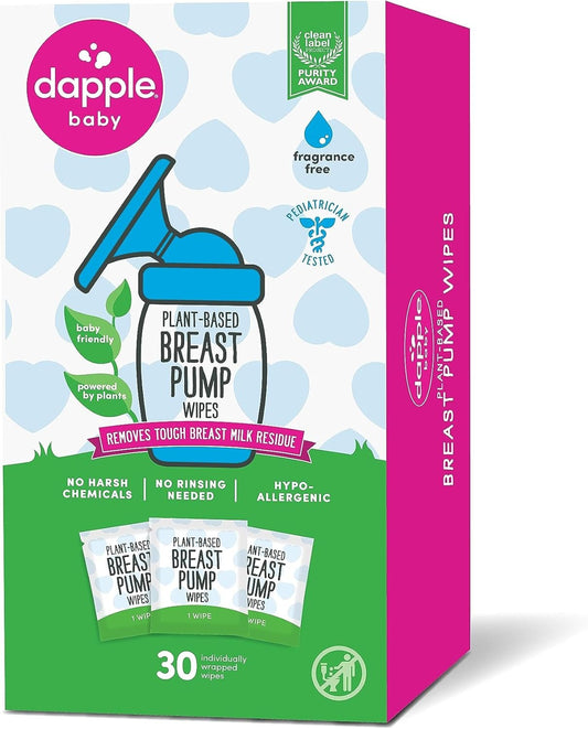 Breast Pump Wipes by Dapple Baby, Hypoallergenic & Powered by Plants, Removes Milk Residue, Leaves No Taste, Singles, Fragrance Free, 30 Count (Pack of 1)