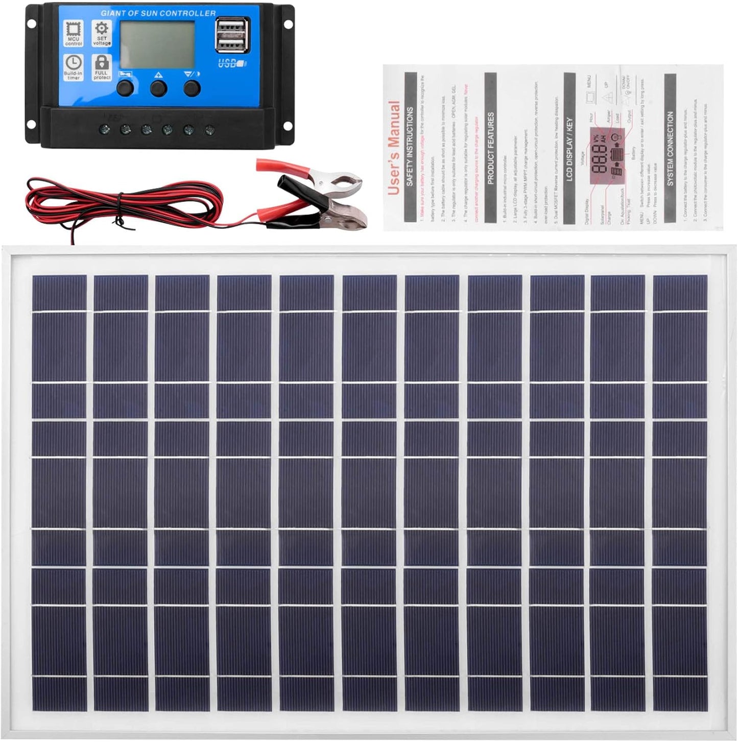 JUMYNOOY 30W 12V Solar Panel Battery Charger+40A Controller for RV Car Boat Home Camping, Black