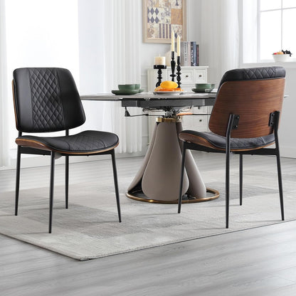 BERYTH Dining Chairs Set of 2, Mid Century Walnut Armless Dining Kitchen Chairs with Metal Legs, PU Leather Bentwood Side Chairs for Dining Room, Kitchen Room, Cafeteria, and Living Room(Black)
