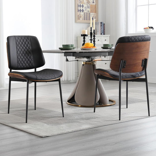 BERYTH Dining Chairs Set of 2, Mid Century Walnut Armless Dining Kitchen Chairs with Metal Legs, PU Leather Bentwood Side Chairs for Dining Room, Kitchen Room, Cafeteria, and Living Room(Black)